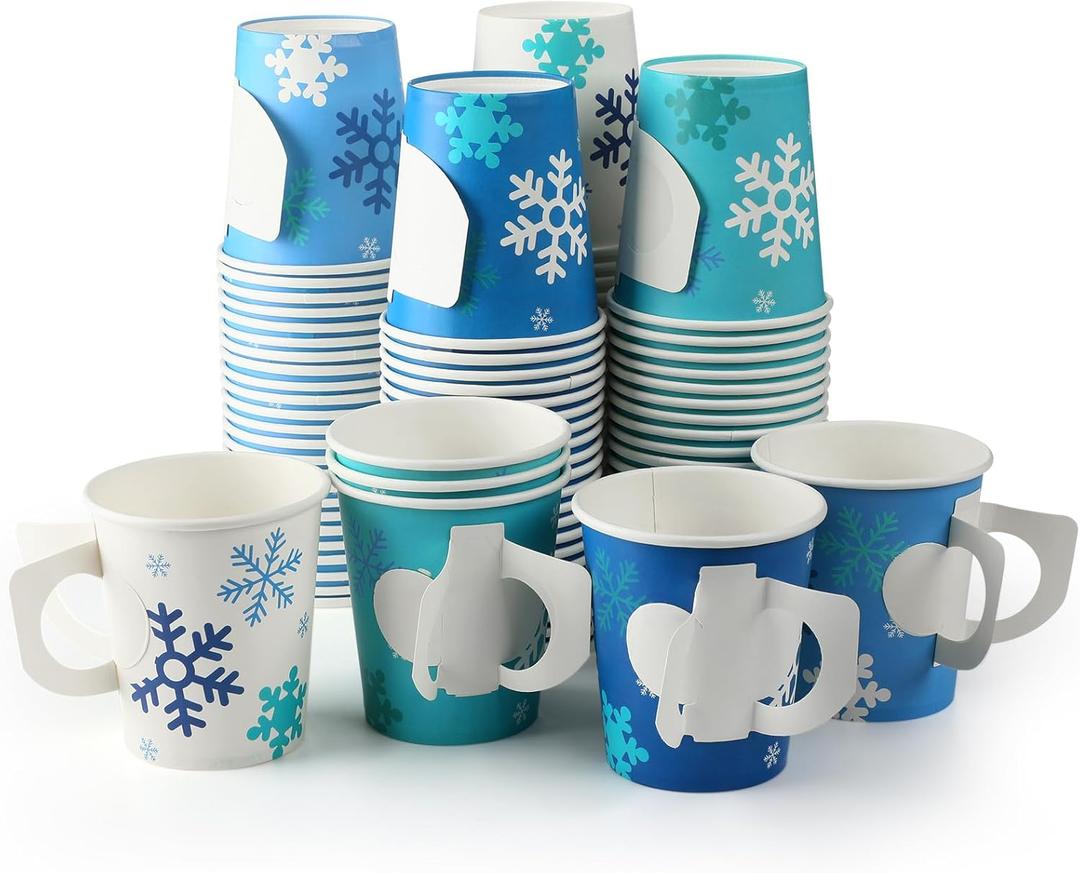 Sliner 100 Pcs Winter Disposable Paper Cups with Handles 9 oz Snowflake Espresso Cups Winter Coffee Mugs Beverage Drink Dinnerware Set for Holiday Party Supplies