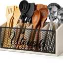 Extra Large Kitchen Utensil Holder with 4 Compartments, Wooden Cooking Utensil Holder for Counter, Farmhouse Utensil Organizer for Countertop, Spatula Holder, Rustic Kitchen Decor, White