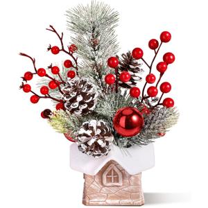Small Christmas Tree Tabletop Artificial Mini Christmas Tree Decorations with Holiday Ornaments Red Berry Pine Cone Greenery for Home Indoor Fireplace Mantel Xmas Decor (Cabin-Snow)