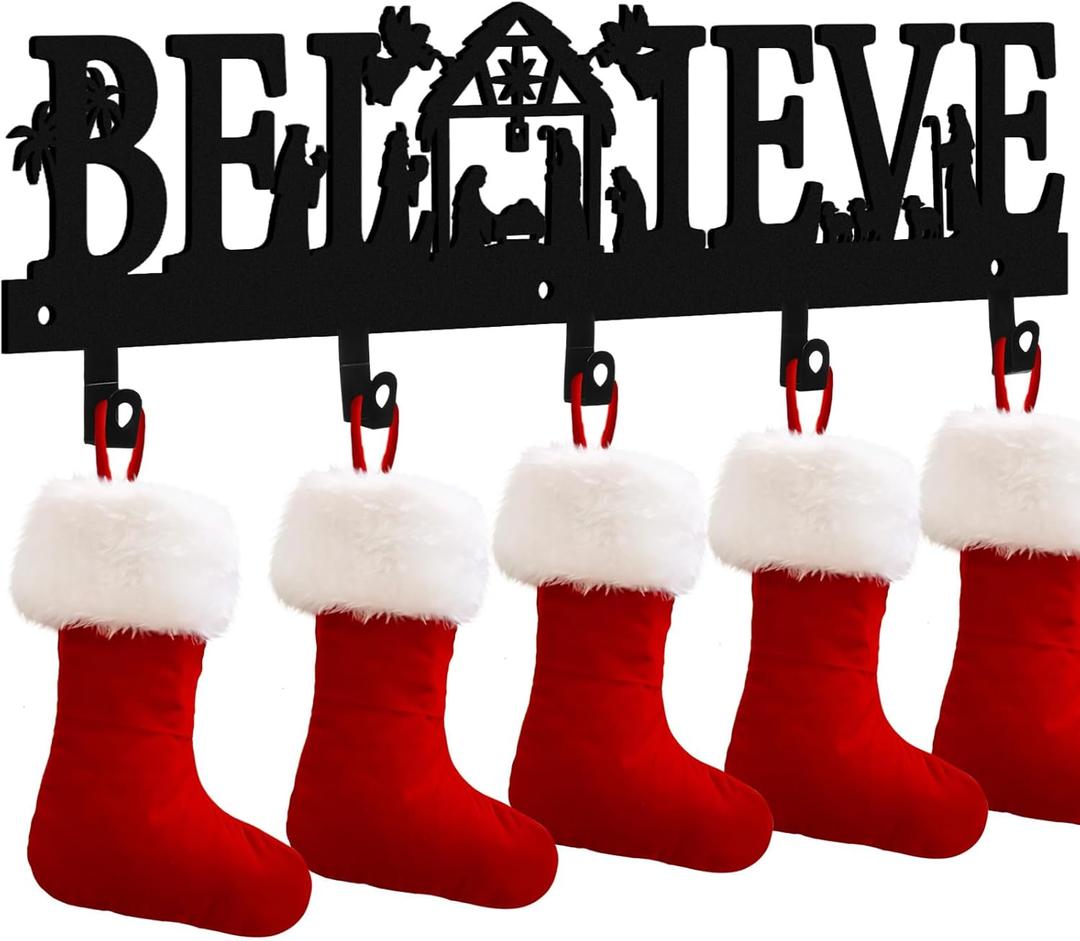 Nativity Christmas Stocking Holder for Wall with 5 Hangers Metal Christmas Stocking Wall Hanger Mantel Rack Hanging Mount Hook for Holiday Xmas Fireplace Decoration, Black(Believe)