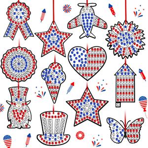 36 Sets Patriotic Veterans Day Diamond Painting Crafts Ornaments DIY Gem Art Sun Catcher Kits Window Memorial Day Military Patriotic Gemstone Diamond Art and Crafts with Ropes for Holiday Party Decor