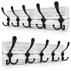 Rustic Coat Rack Wall Mount  Solid Pine Wood Wall Coat Rack with 5 Triple Hooks  Pre-Assembled Hook Rack  17" Long, 16" Hole to Hole  Heavy Duty Wall Mounted Coat Hanger - 2 Pack (White)
