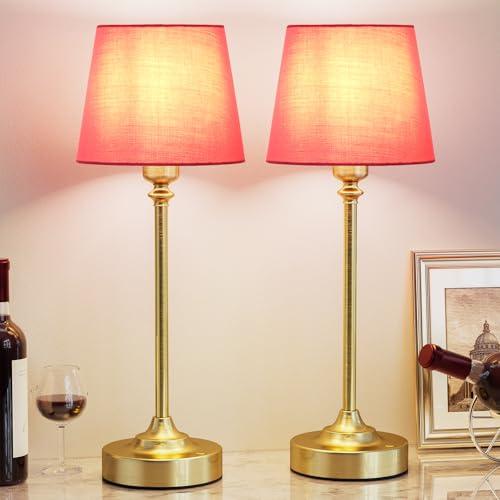 Cordless Table Lamps Rechargeable Set - 2 Pack Brass 4000mAH Battery Operated Lamps for Decor, 3000K Stepless Dimming Touch Control Wireless Lamps for Bedroom, Dining Table, Living Room, Rose Shade
