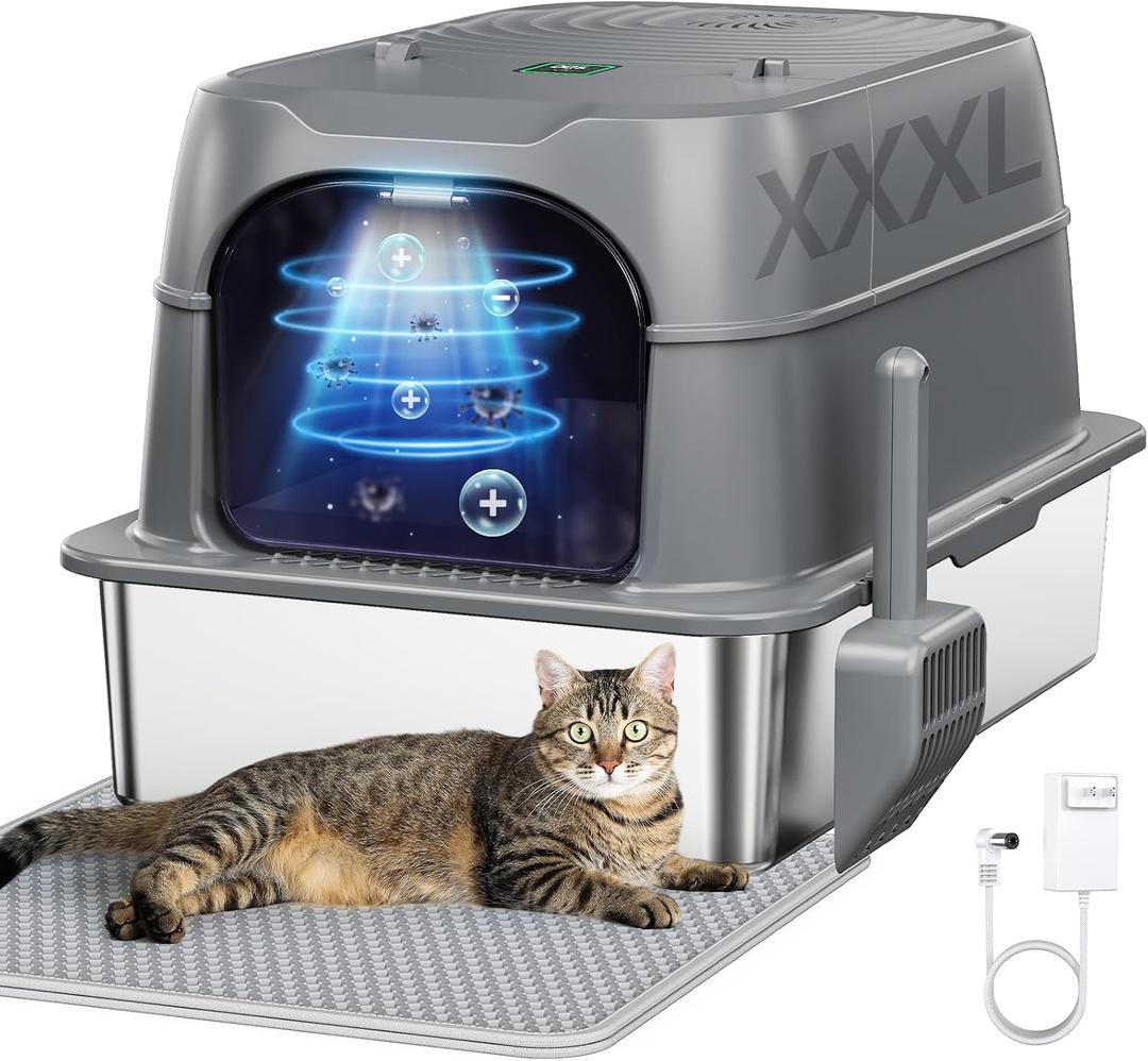 Smart Odor Control Cat Litter Box with CoverXXXL Stainless Steel Enclosed Litter Box for Big Cats, Plasma Sterilization Deodorizer with Infrared Auto Pause, No More Odors and Stay Fresh,Easy to Clean