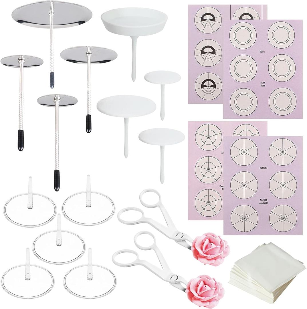 Woohome 17 PCS Flower Nails Cake Decorating Supplies Includes 4 Size Cake Flower Nail and 9 PCS Plastic Cake Flower Nail, Flower Lifters, Cake Flower Scale Sticker for Icing Flowers Decoration