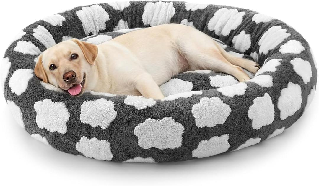 JOEJOY Donut Large Dog Bed, Cute Round Calming Dog Bed with Removable Washable Cover, Orthopedic Pet Beds with Jacquard Shaggy Plush & Non Skid Bottom, Black (Grey)
