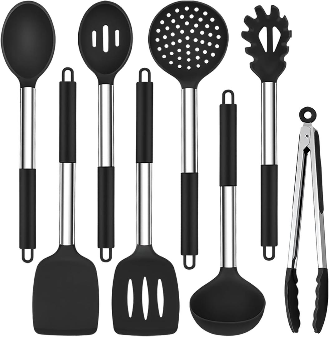 TeamFar Kitchen Utensils Set of 8, Silicone Utensils Kitchen Tools Set with Stainless Steel Handle, for Frying Serving Flipping Draining, Non-toxic & Heatproof, Nonstick & Dishwasher Safe - Black