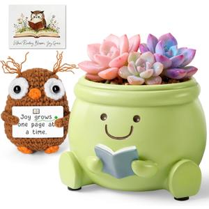 Book Lover Gift Set - Cute Reading Planter Pot with Positive Crochet Owl & Quote Card, Cozy Desk Decor for Teachers, Librarians, Women, Colleague, Friends