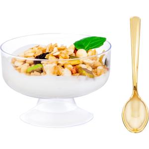 WDF 7oz Clear Dessert Cups Disposable - 96 Pack Dessert Cups With Mini Gold Spoons Plastic Parfait Cups Medium to Large 48 Ice Cream Plastic Cups & 48 Gold Tasting Spoons for Weddings & Party