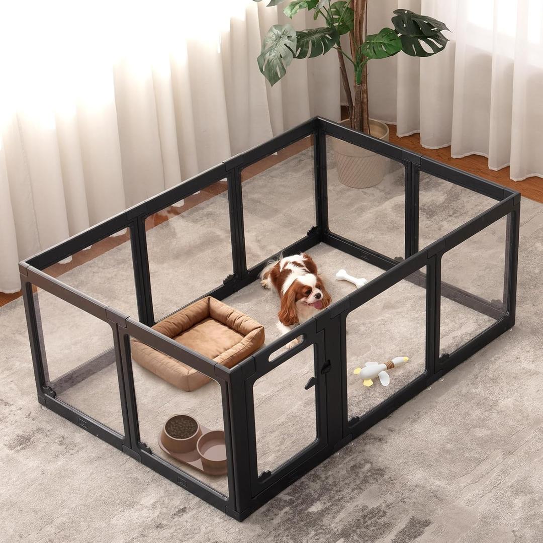 Acrylic Dog Playpen Indoor, Clear Dog Play Pen for Puppies and Small Dogs, Easy Assembly & Clean Puppy Pen (23.6", 10 Panels, Black)