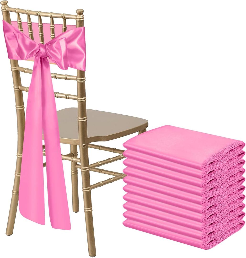 10 PCS Pink Satin Chair Sashes Bows Universal Chair Ribbon Ties Back Sash for Wedding Party Reception Events Banquets Hotel Event Chair Cover Decoration (7x108 inch)