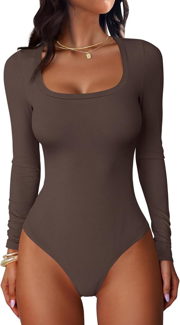 ANRABESS Women Scoop Neck Bodysuits Long Sleeve Tops 2025 Fall Slim Fit Ribbed Knit Sexy Soft Basic Shirts Fashion Outfits (Small, Coffee)