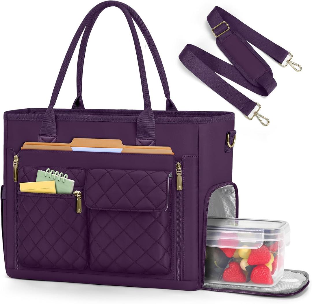 RAINSMORE Teacher Tote Bag with Insulated Lunch Compartment 15.6 inch Laptop Bag for Women Lightweight Work Bags Nurse Bags (Dark Purple)