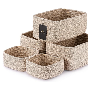 5-Pack Small Woven Rope Storage Baskets – 2 Sizes Organizer Bins for Closet, Shelf, Bookshelf, Nursery, Changing Table, Fabric Cube Boxes, Rectangular Shallow Bins for Bathroom, Toy & Home