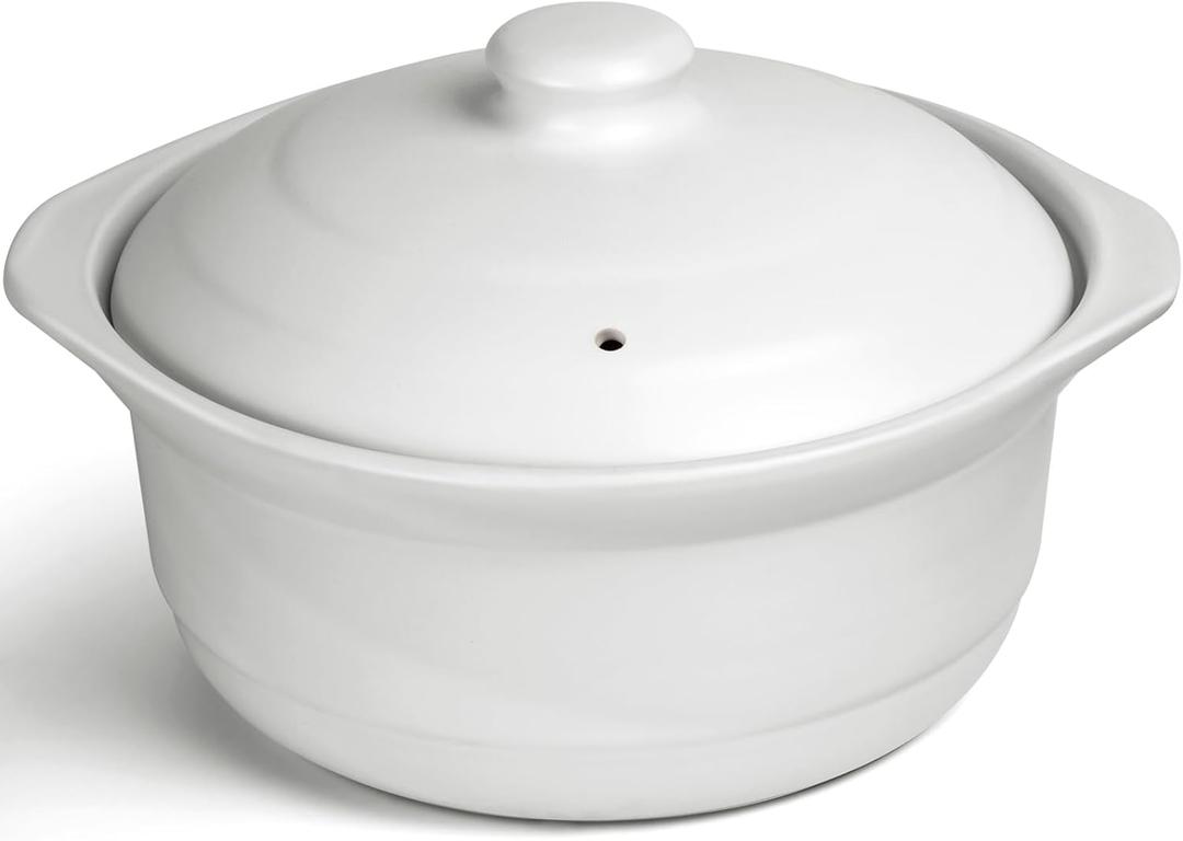 Clay Soup Pot with Lid - Ceramic Cookware Stockpot for Rice, White, 1.9 Quart
