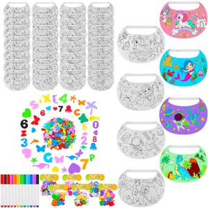 Hercicy 54 Pcs DIY Foam Visors for Kids: 36 White Sun Hats with Stickers & Markers for Crafts & Sports Activities
