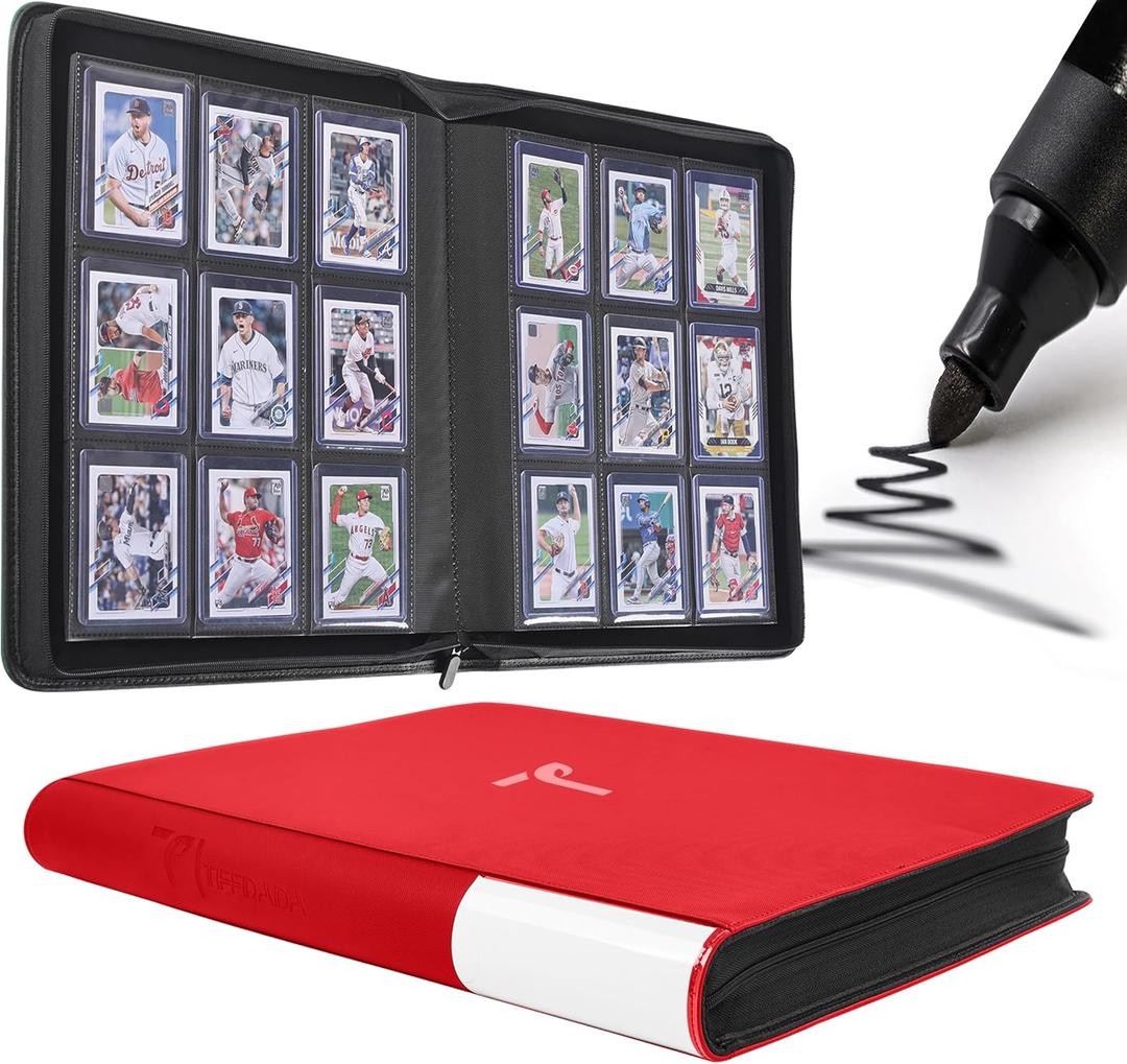 Top Loader Binder for Cards, 9 Pocket, Holds Up to 360 Toploaders with Ringless 20 Double-Sided Sleeves, Side Loading Top Loader Card Binder with Zipper for Trading Sports Cards in 3" x 4" Toploaders (Red)