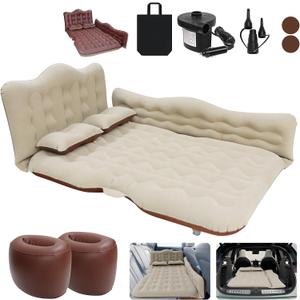 Car Bed SUV Air Mattress, Car Air Mattress with Electric Pump, 2 Inflatable Pillows and 2 Footrests for Back Seat, Side Seat,Trunk Sleeping, Thickened Camping Bed - Brown