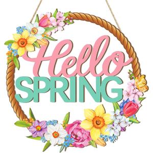 Wooden Spring Decoration Door Wreath for Front Door Sign Wall Signs, Hollow Flower Wreath Sign Hello Spring Welcome Hanging for Home Wall Decor Party Outdoor indoor Supply Easter Decoration
