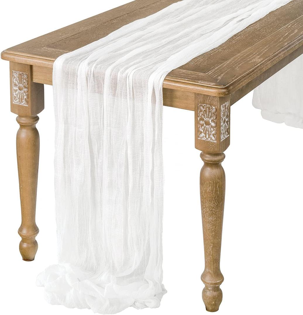 Ling's Moment 14Ft x 35" Wide Brilliant White Gauze Semi-Sheer Table Runner Cheesecloth Tablecloth for Wedding Party Bridal Shower Boho Table Decor