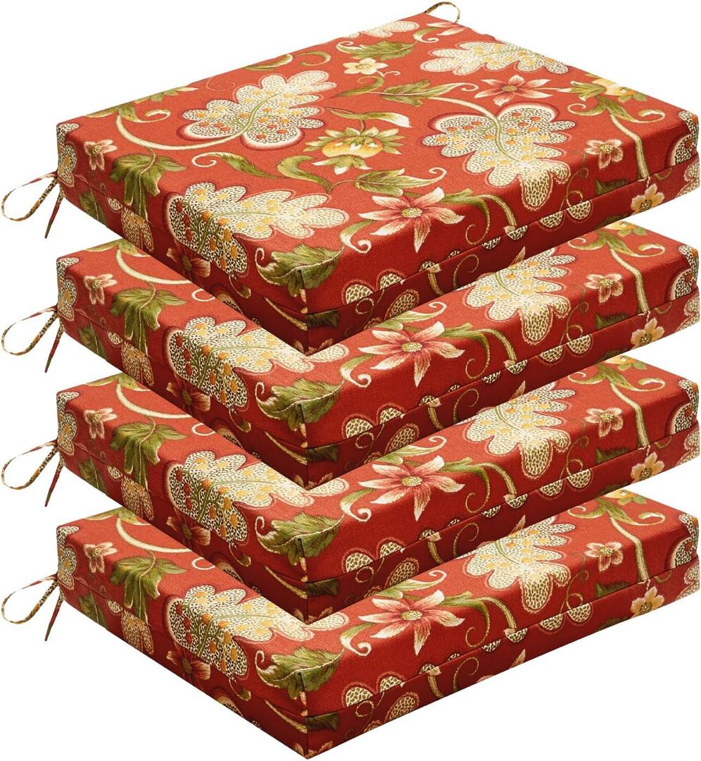 Wellsin Outdoor Chair Cushions for Patio Furniture - Outdoor Cushions for Chairs - Water Resistant Patio Chair Cushions Set of 4, 18.5"X16"X3", Flower Red