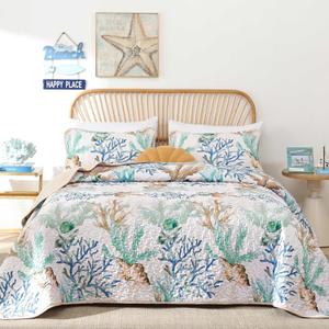 Xruibed Coastal Quilt Set Queen Size Green Nautical Beach Quilt Coverlet Reversible Lightweight Bedspread with 2 Pillowshams Soft Microfiber Quilt Set for All Season 90"x96"