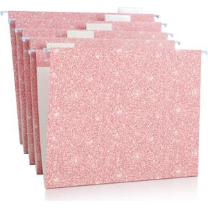 25 Pcs Pink Hanging File Folders 12 x 9.25'' Glitter Hanging Folders with 25 Paper 1/5 Cut Adjustable Tab and 25 Plastic Tab for Medical Charts Office Desktop