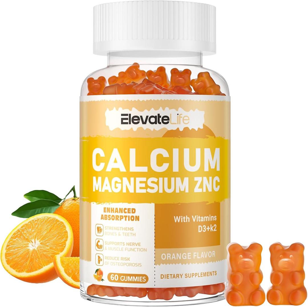 Calcium Magnesium Zinc Gummies with Vitamin D3 & K2 - High Potency Enhanced Absorption -60 Orange Gummies Flavored (60 Count (Pack of 1)) Exp 08-2026