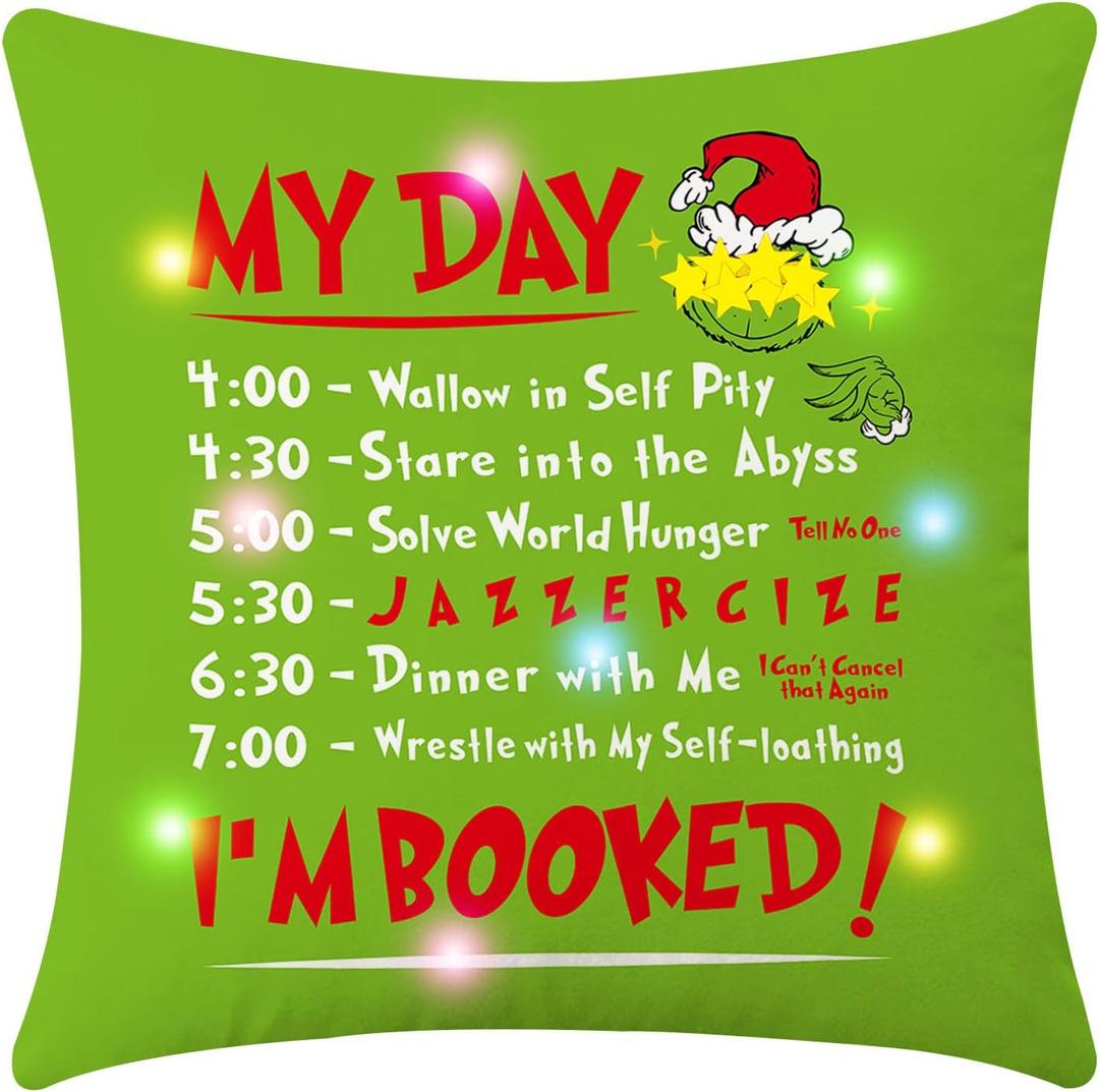 Funny Christmas Pillow Cover, 18x18 Holiday Throw Pillow Covers with LED Lights, Novelty Xmas Cushion Case, Farmhouse Christmas Decorations for Home Bed Couch Sofa, White Elephant Gifts