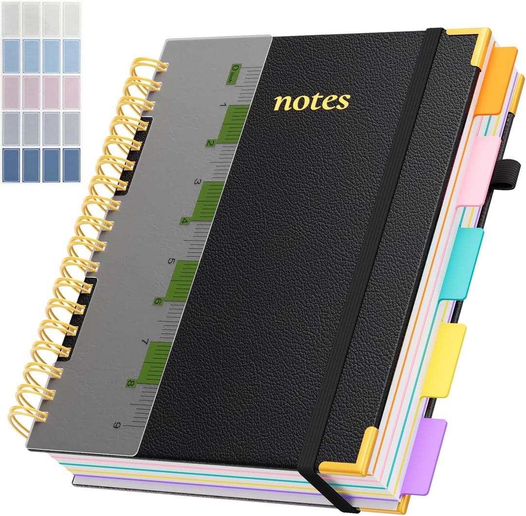 Line Hardcover Spiral Notebook with Removable Dividers Tabs & Ruler, 5 Subject Notebook College Ruled, 300 Page, Large 8"x10" B5 Notebooks for Work School, Lined Journal for Women & Men, Black
