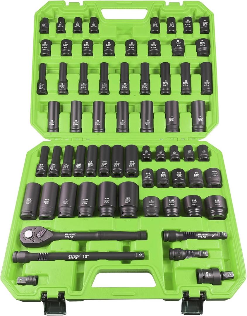 SUNHZMCKP 1/2" Drive Impact Socket Set, 66 Piece Standard SAE (3/8"-1-1/4") & Metric (8-24mm), 6 Point Shallow/Deep Socket Kit with Ratchet Handle, Drive Extension Bar, Impact Universal Joint, Cr-V (66-Pc 1/2SAE and Metric Drive Impact Socket Set, 66-piece)