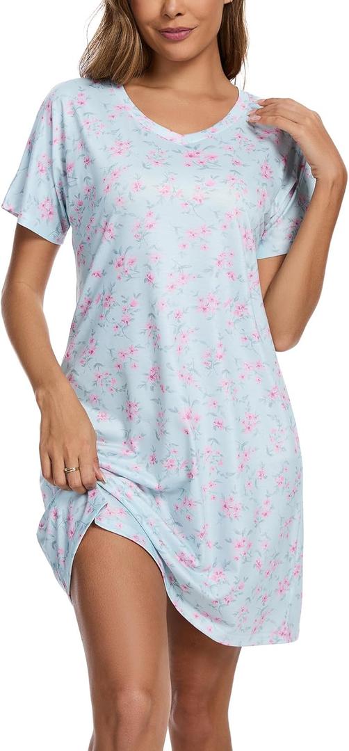 Nightgowns for Women Soft Cotton Sleep Shirts Short Sleeve Sleepwear S-XXL (Large, Blue Pink Flowers)