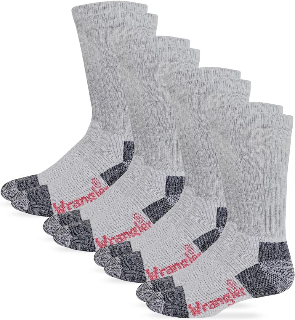 Wrangler Mens Cotton Full Cushion Crew Work Boot Socks 4 Pair Pack (Large, Grey)