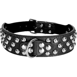 Serijoars 2" Width Leather Dog Collar, Spiked Studded Heavy Duty Adjustable for Medium Large Dogs (M, Black1)