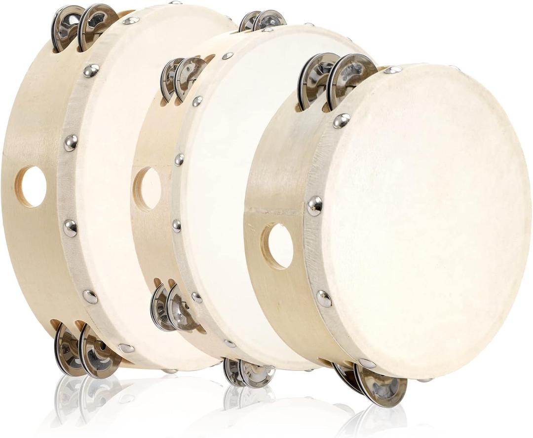 Tosnail Set of 3 Wooden Tambourine, 10", 8", 6" Hand Held Drum Bell, Double Rows Metal Jingles, Musical Instruments