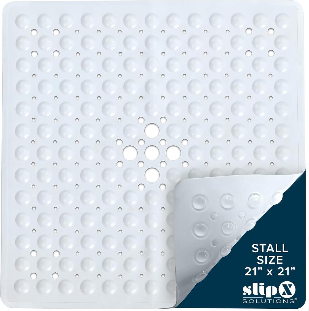 SlipX Solutions Essential Square Shower Mat, 21"x21", Grippy Textured Surface, 25% Stronger Suction Cups, Non-Slip Shower Floor Mat for Bathers of All Ages, Fits Standard Shower Stalls & Tubs, White