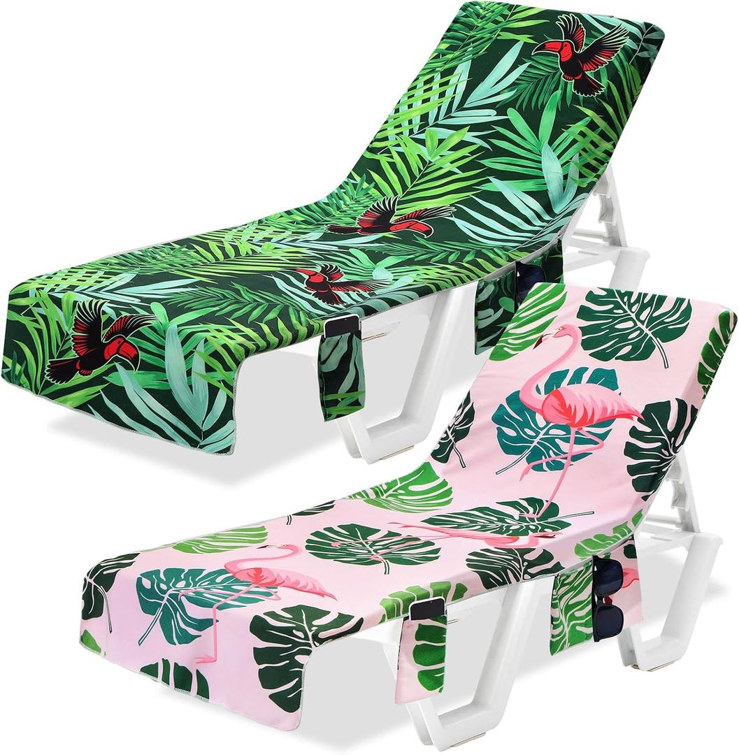 2 Pcs Pool Lounge Chair Towel Cover with 3 Pockets, 85 x 30 Inch Beach Pool Chair Towels Microfiber Chaise Lounge Covers for Outdoor Summer Sunbathing Beach Garden Lounger(Toucan, Flamingo)