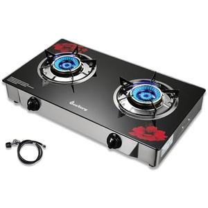 BesNerg Gas Stove 2 Burner Propane Stove Two Burner Portable Gas Cooktop, Tempered Glass Auto Ignition LPG Cooker, Suitable for Outdoor/Camping/RVs (RED)