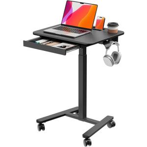 Small Mobile Standing Desk with Drawer, 23.6"x19.7" Rolling Laptop Cart on Wheels, Height Adjustable Sit Stand Computer Workstation with Storage for Compact Space, Black, 24"