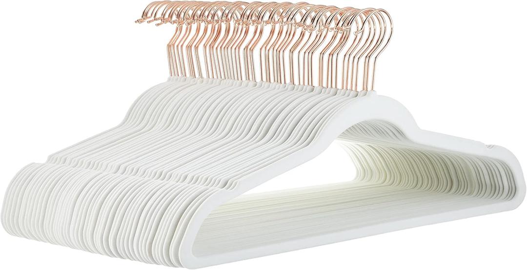 Amazon Basics Slim, Velvet, Non-Slip Sturdy Clothes Hangers, 50-Pack, Ivory/Rose Gold