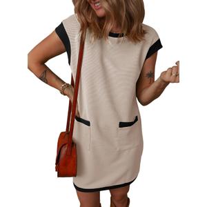Dokotoo Women's Casual Summer Dresses Fashion Cap Sleeve Color Block Crewneck Shift Tshirt Mini Dress (Large, Apricot)