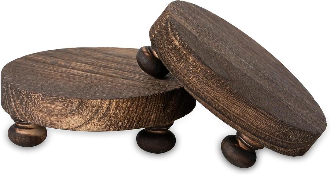 Romadedi Farmhouse Wood Riser for Display- 2 pcs Rustic Decor Mini Wooden Pedestal Decorative Round Tray for Home Table Bathroom Counter Shelf Kitchen, Brown
