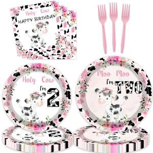 80 Pcs Holy Cow I'm Two Girls Birthday Decorations Moo Moo I'm Two Paper Dinner Plates Napkins Forks Dinnerware for Farm Animals Cow Themed Girls 2nd Birthday Party Supplies
