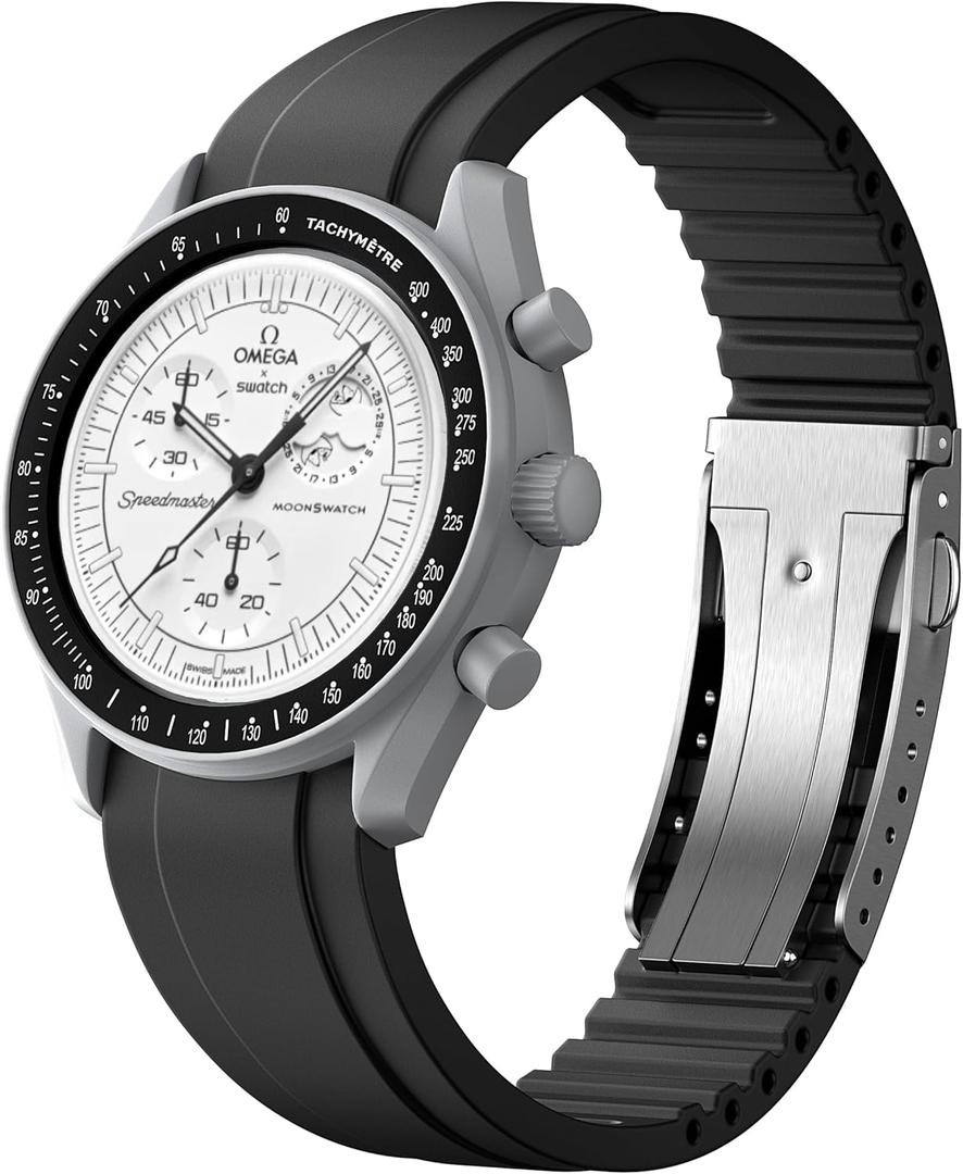 Rubber Watch Strap 20mm for Omega Swatch,Quick Release Folding Bucklle Soft Rubber Universal 20mm 22mm Cut-to-Size Durable Replacement Watch Band for Men Women (Black)