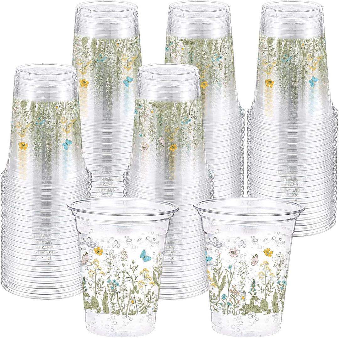 Hushee 60 Pcs Floral Cups with Spring Summer Fall Flower 16 oz Wildflowers Plastic Disposable Drinking Cups for Summer Spring Autumn Birthday Baby Shower Party Supplies(Wildflower)
