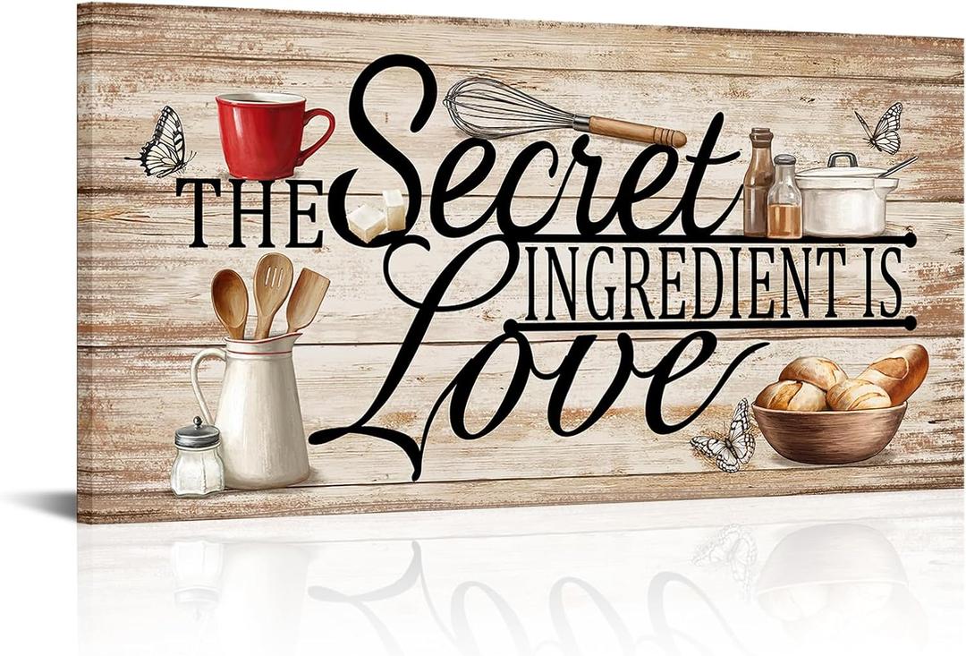 Kalormore The Secret Ingredient is Love Wall Art Sign Farmhouse Rustic Wall Decor Dining Room Kitchen Decor Housewarming Gift Counter Pantry Sign 16"x32", L-32"xH-16"