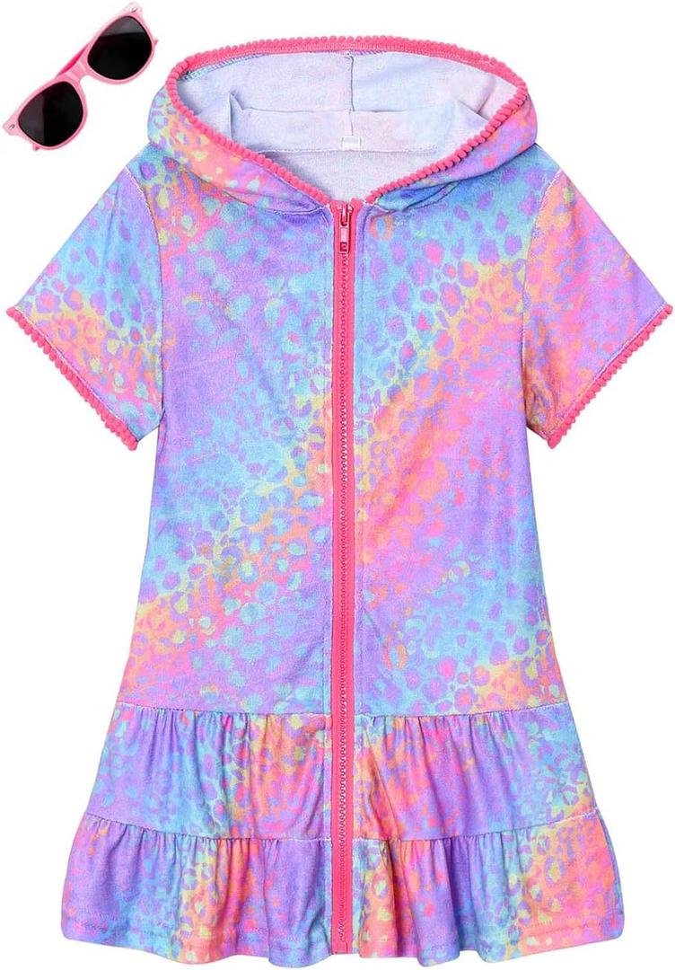 Girls Swim Cover Up Terry Swimsuit Coverup Kids Zip-Up Beach Pool Bathing Suit Wraps with Sunglasses (4-5T, Leopard)