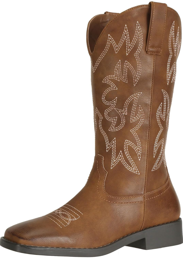 SheSole Women's Mid Calf Square Toe Cowgirl Western Cowboy Boots Brown 6.5