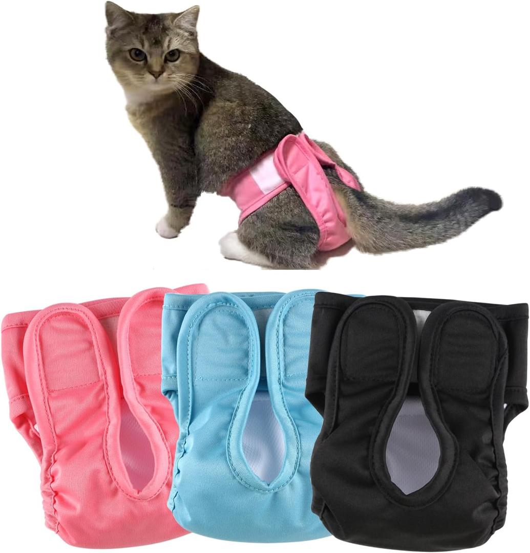 Reusable Cat Diapers, Washable Cat Incontinence Diapers for Cats Spraying or Cats in Heat or IncontinenceAdjustable Kitty Diapers 3 Pack (XS)