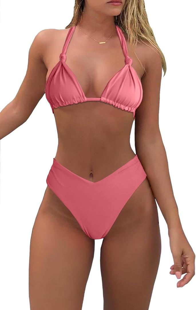 Bikini Sets for Women Sexy Halter Triangle String Bikini Cheeky V Cut High Waisted Thong Swimsuits 2 Piece (Medium, Orange Red)